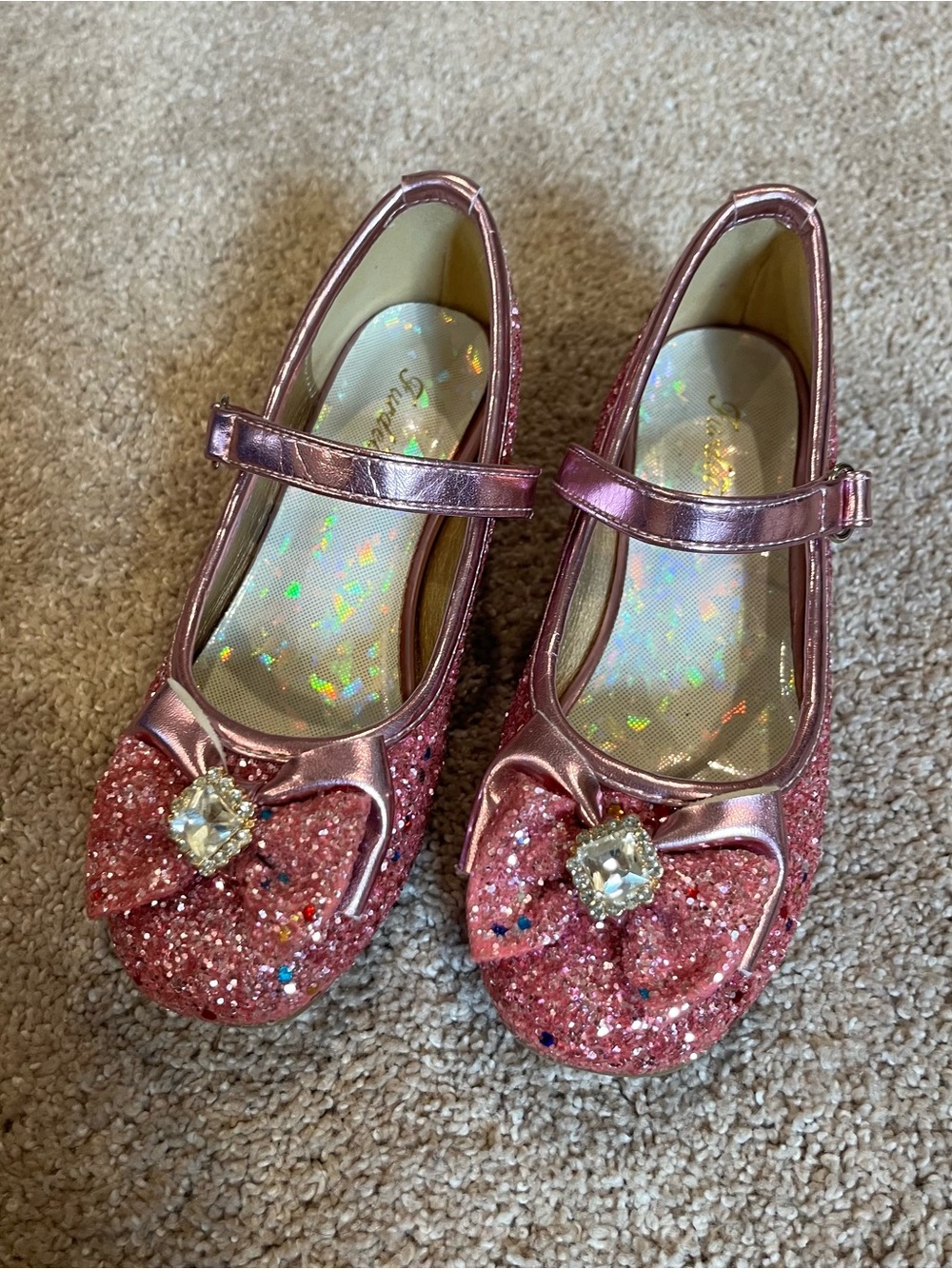 Girls Pink Glitter Mary Jane Shoes with Bow and Gem